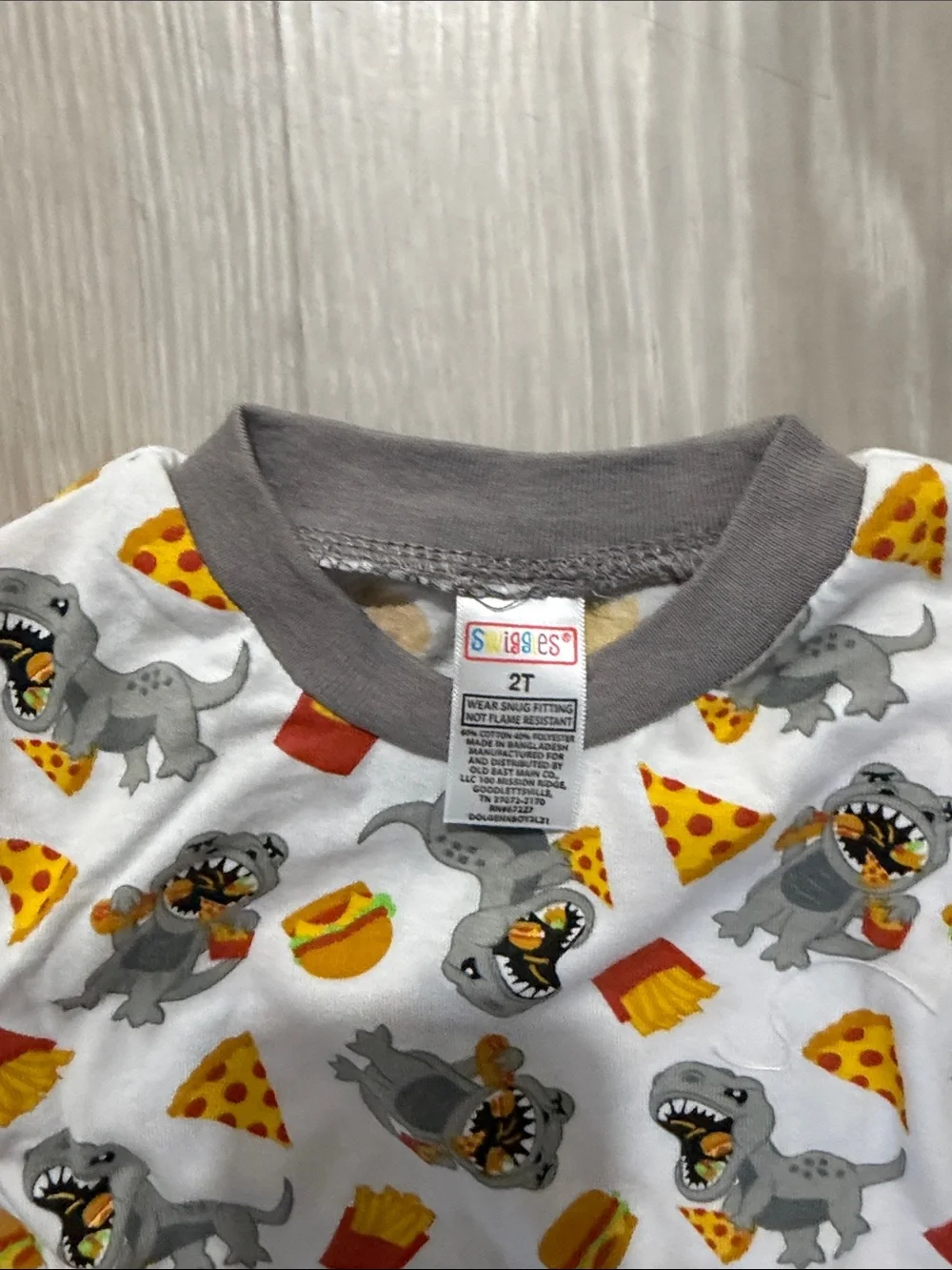 Kids White and Gray Pizza & Dinosaur Print Pajama Set